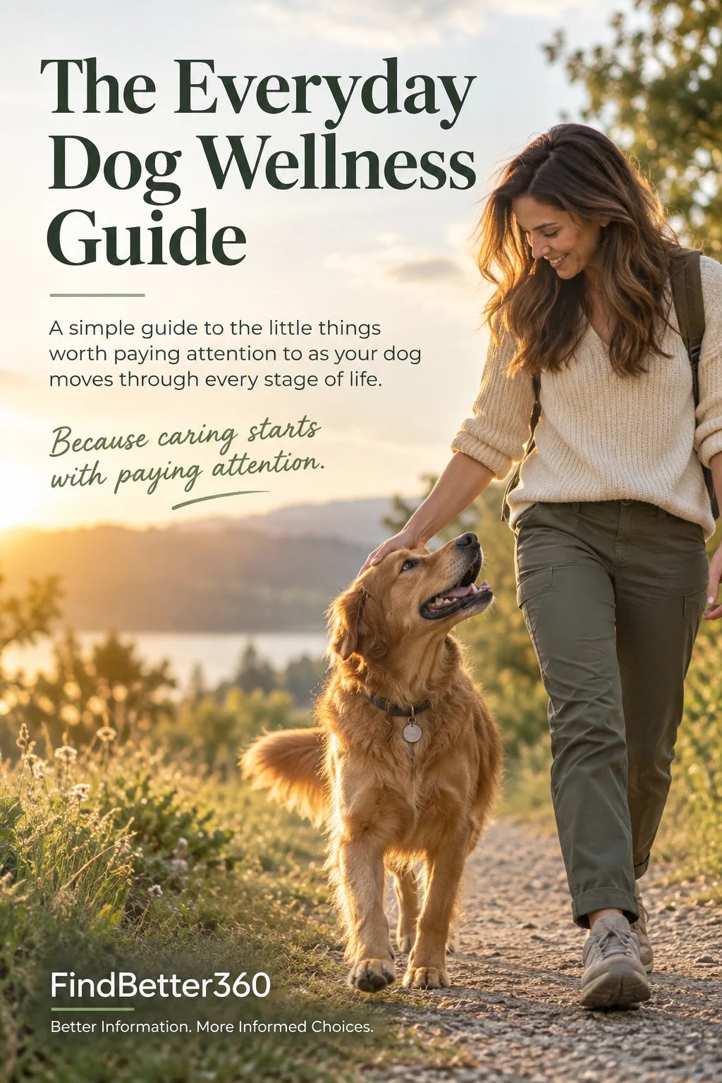 The Everyday Dog Wellness Guide cover — woman walking her golden retriever on a sunny path with trees and scenic background